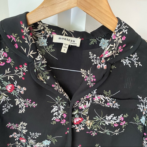 MONTEAU Black Floral Collared Short Sleeve Chiffon Blouse - Picture 2 of 4